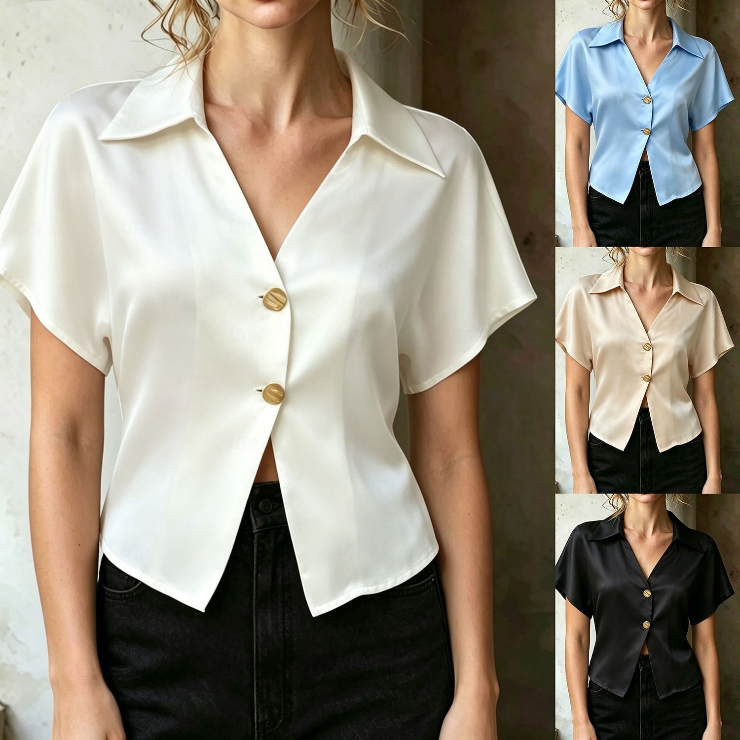 Pentru femei Cămașă din satin Bluză Nasturi Culoare solidă Stilat Casual Manșon scurt Guler Cămașă Crop Tops Casual Zilnic În aer liber Albastru piscină Negru Alb Caisă Vară Primăvară 2026 - $24.99 –P1