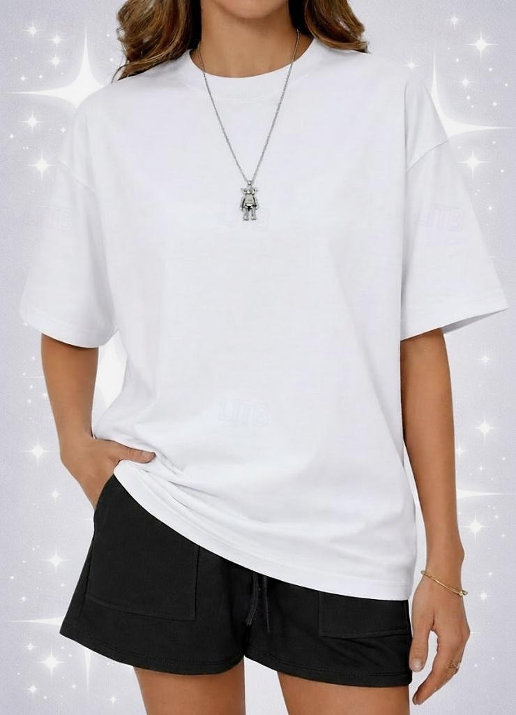 Camiseta de mujer de 100% algodón oversized camiseta de color sólido moda clásica casual de manga corta cuello redondo tops regulares para deportes salir diario verde salvia negro blanco amarillo 2026 - $24.99 –P6