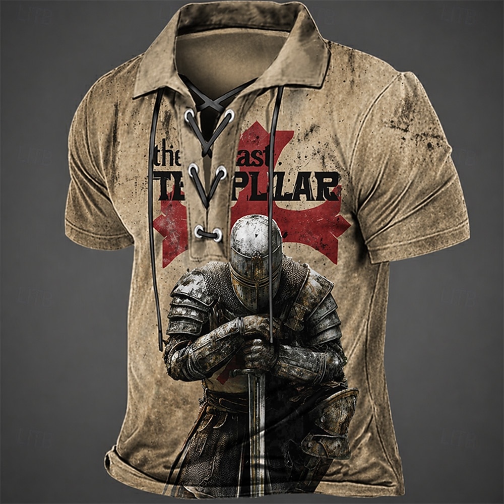 Męskie Krzyż templariuszy Koszulki polo Krótki rękaw Koszulki polo Zasznurować szyję Zabytkowe Codzienny Streetwear Dzienne zużycie Druk 3D Oddychająca siateczka Wiosna i lato Czarny Brązowy Szary 2026 - $22.99 –P1