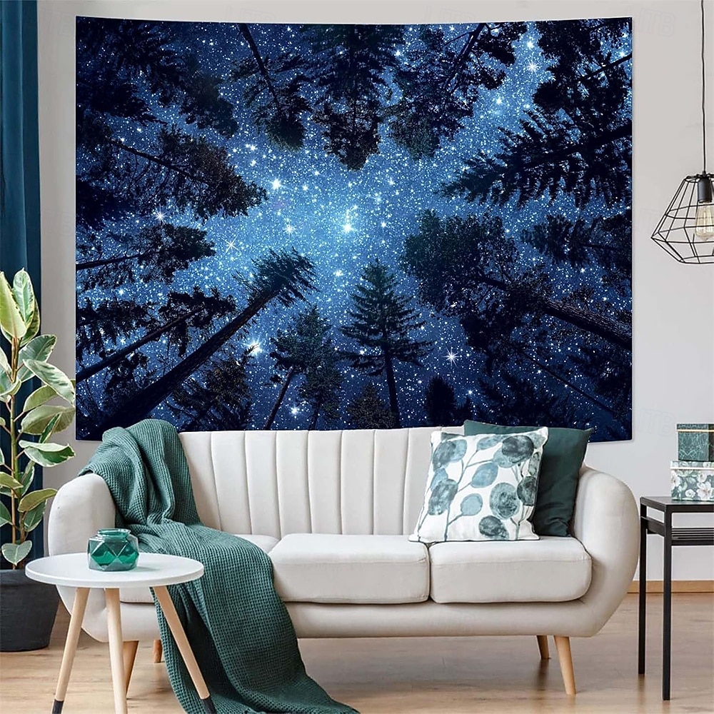 Night Forest Full Moon Starry Sky Galaxy Wall Tapestry Tree Silhouettes ...