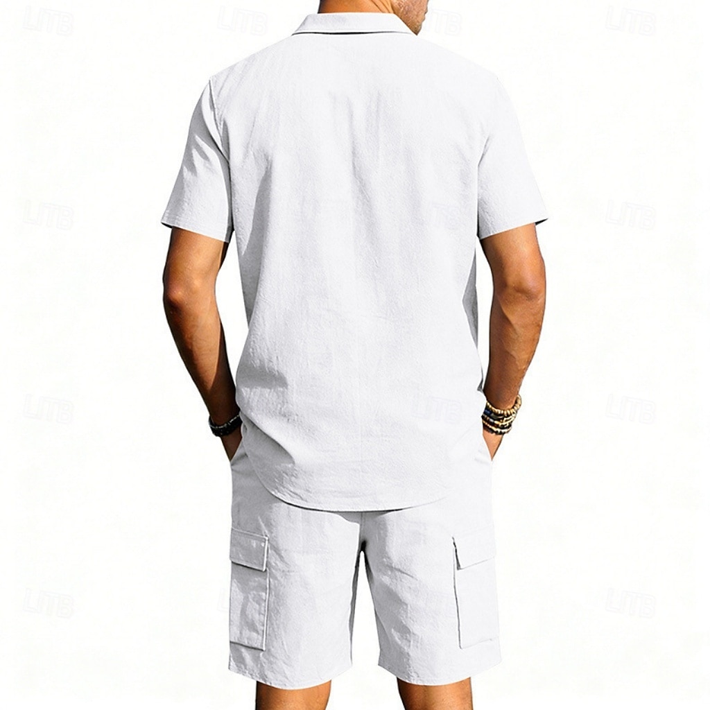 Homens Camisa de linho 2 Peças Conjunto de camisa E Bermuda Cargo Calção Shorts de linho Definir Tecido Diário Ao ar livre Férias Aberto para a Lateral Manga Curta Verão Moda Casual Confortável Roupa de 2026 por $32.99 –P5