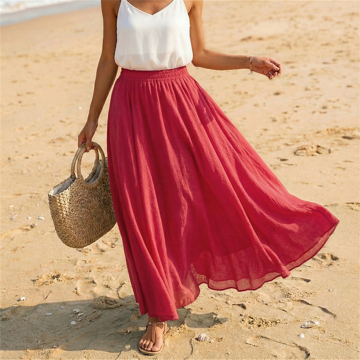 Women's Linen Blend Vacation Skirt Casual Maxi High Waist Skirts Holiday turmeric White Sky Blue Dark Green Summer 2026 - $27.99 –P2