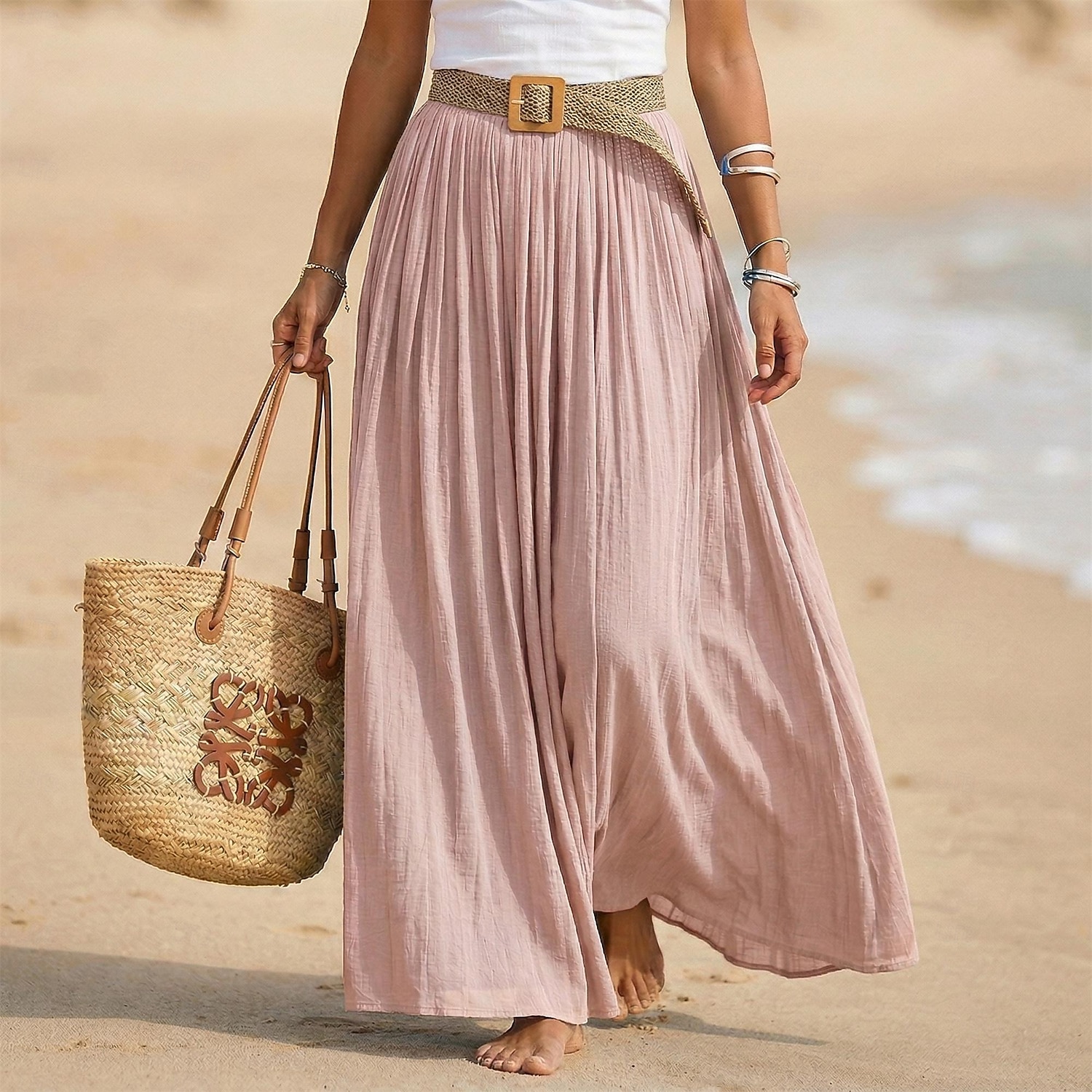 Pentru femei Fustă de vacanță Fustă din bumbac artificial și in Modă Casual Lung vară Maxi Talie Înaltă Fuste Simplu Zdrobit Fluid Strech Zilnic Plajă Albastru piscină Măr Verde Maroniu Galben Lămâie 2026 - $28.99 –P5