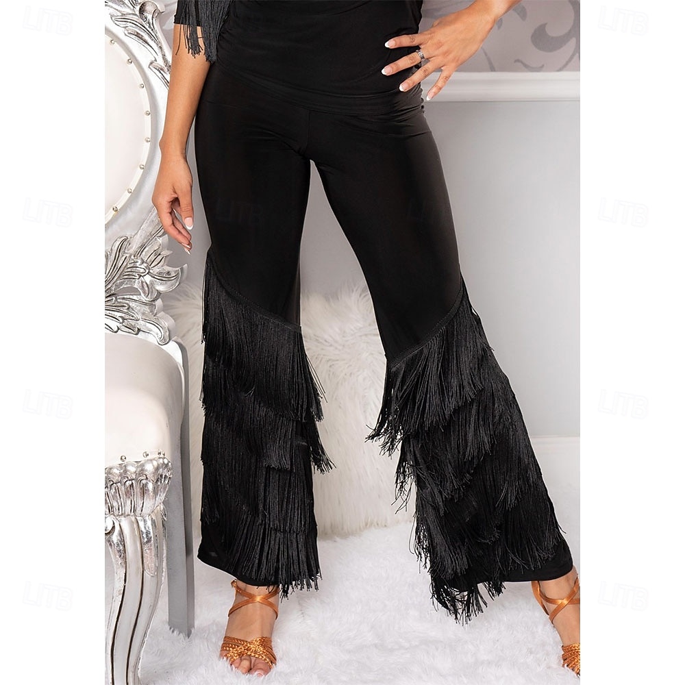 Women's Black Latin Fringe Pants - Multi-Layer Tassel Flare Trousers for Ballroom, Salsa & Performance 2026 - $73.99 –P1