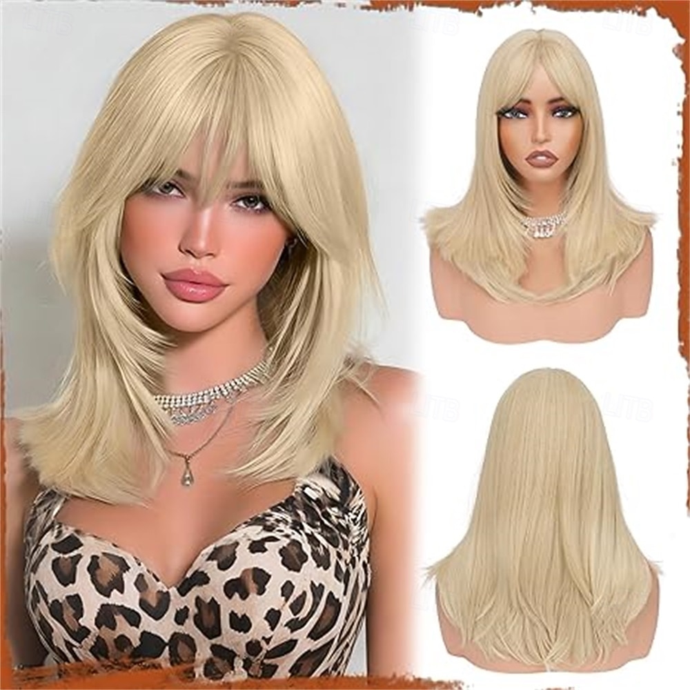 Peruca longa, lisa e em camadas, rosa, com franja, 40 cm (16 polegadas), com raízes escuras, aparência natural, cabelo sintético macio e resistente ao calor, comprimento médio, ideal para uso diário e de 2026 por $32.99 –P5