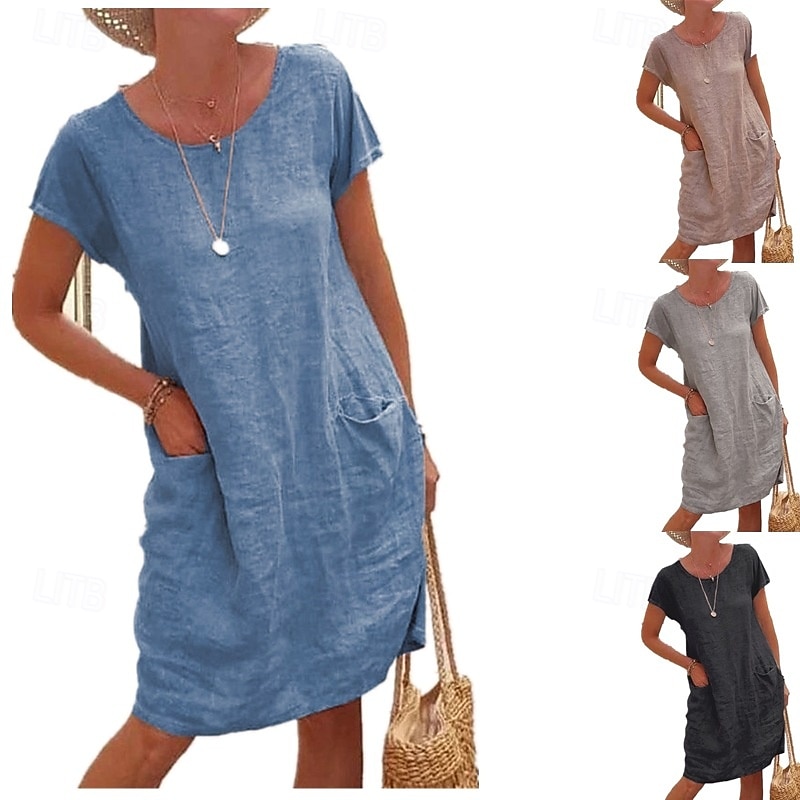 Women's Mini Dress Linen-feel Dresses Casual Dress T Shirt Dress Tee Dress Fashion Modern Daily Vacation Going out Loose Fit Plain Short Sleeve Crew Neck Black Khaki Gray Light Blue Summer Spring Fall 2026 - $21.99 –P1