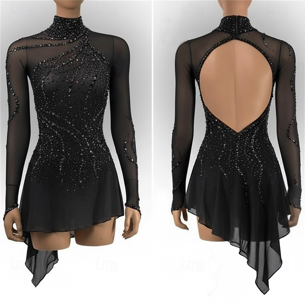 Figure Skating Dress Women's Ice Skating Dress Black Patchwork Open Back Stretchy Training Competition Skating Wear Classic Crystal / Rhinestone Long Sleeve Ice Skating Figure Skating 2026 - $264.69 –P1