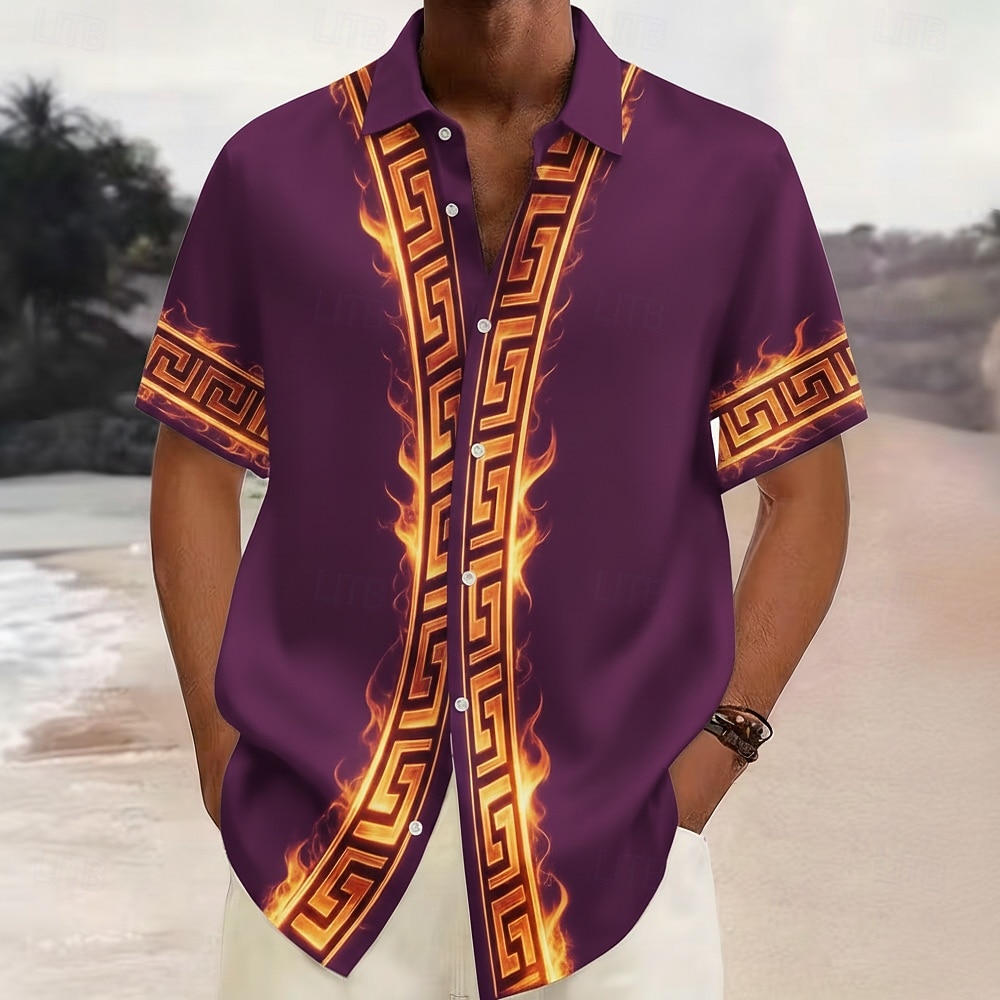 Herren Geometrisches Muster Feuer Griechischer Schlüssel Hemd Knopfhemd Kurzarm Modisch lässig Streetwear Urlaub Frühling Herbst Umlegekragen 3D-Druck Hemden mit Kragen Burgunderrot Purpur Braun 2026 - $25.99 –P2