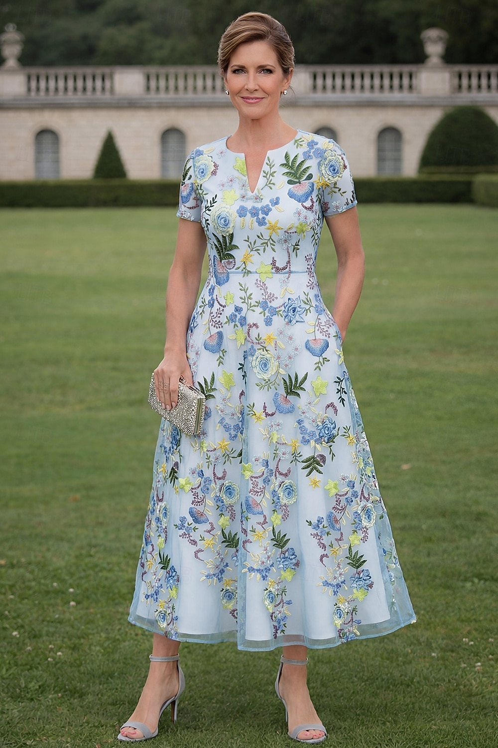 Linia -A Rochii Lungime Gleznă Lungimea ceaiului Rochie pentru invitata de nunta Rochie Mama Miresei Manșon scurt Stil Nautic În V Elegant Pastel Oficial Invitat la nunta Semi formal Dantelă cu Flori 2026 - $182.99 –P4
