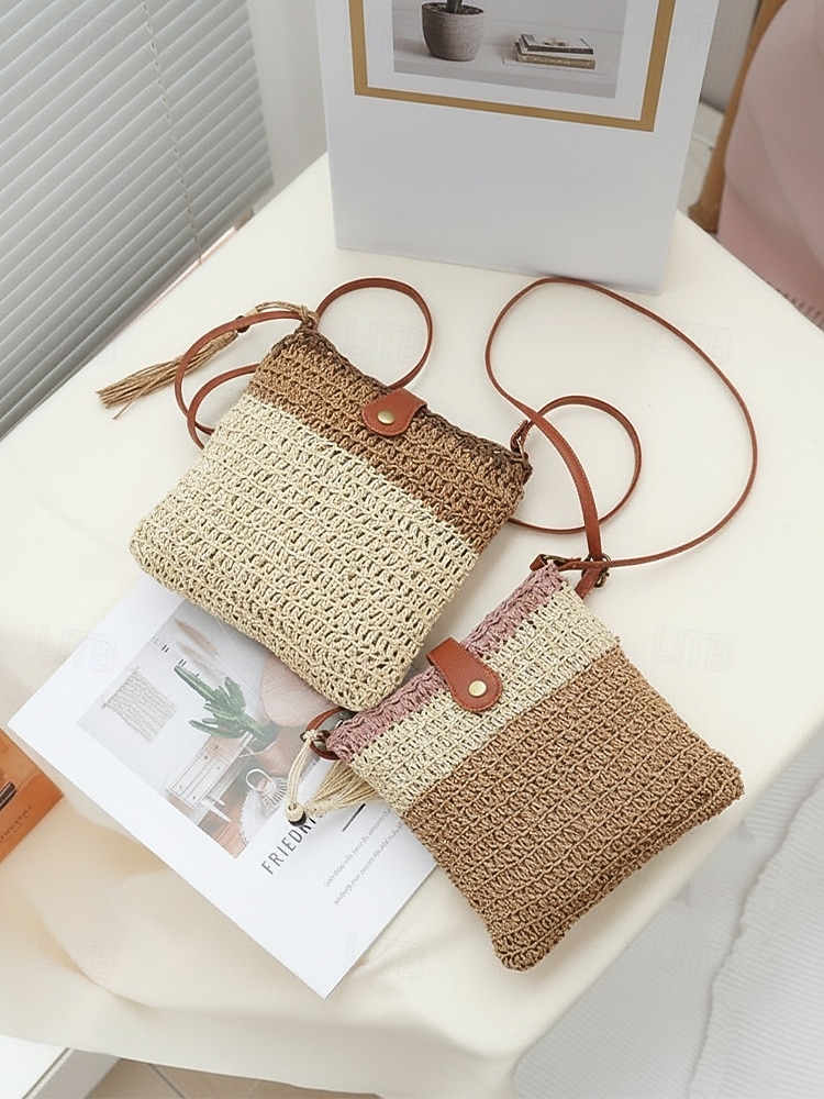 Женская богемная соломенная сумка с кисточкой, регулируемым плечевым ремнем, два цвета (белый и хаки), легкая плетеная пляжная сумка, идеально подходит для отдыха, повседневной носки и летних прогулок. 2026 - $18.99 –P3
