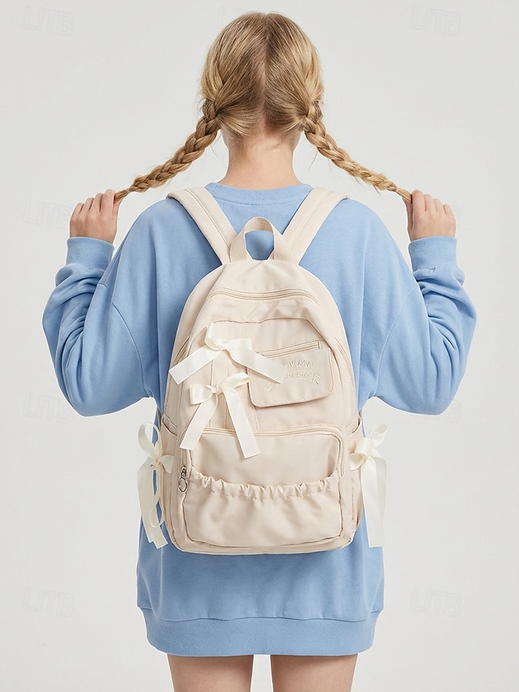 Mochila feminina de poliéster com laço decorativo, várias cores, grande capacidade com vários bolsos, alças ajustáveis, perfeita para o ensino fundamental. &volta às aulas no ensino fundamental, de 2026 por $24.99 –P1