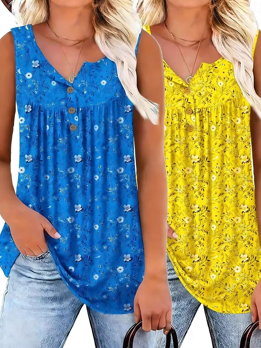Multi Packs 2pcs Women's V Neck Sleeveless Yellow+Blue Tank Sleeveless Shirt Tee Top Floral Casual Daily Polyester Summer 2026 - $44.99 –P7