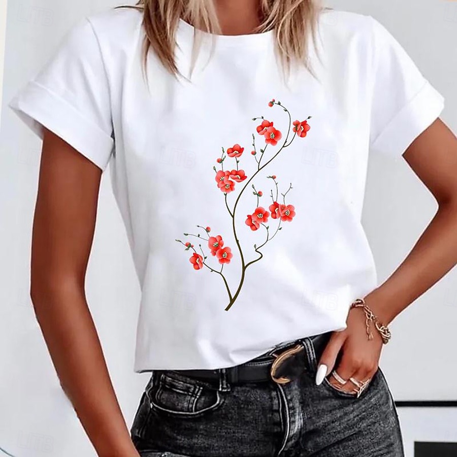 Women's T Shirt Print Floral Graphic Plants Vintage Stylish Classic Short Sleeve Crew Neck Round Neck Regular Tops Casual Daily Yellow Pink Red Summer Spring 2026 - $22.99 –P1