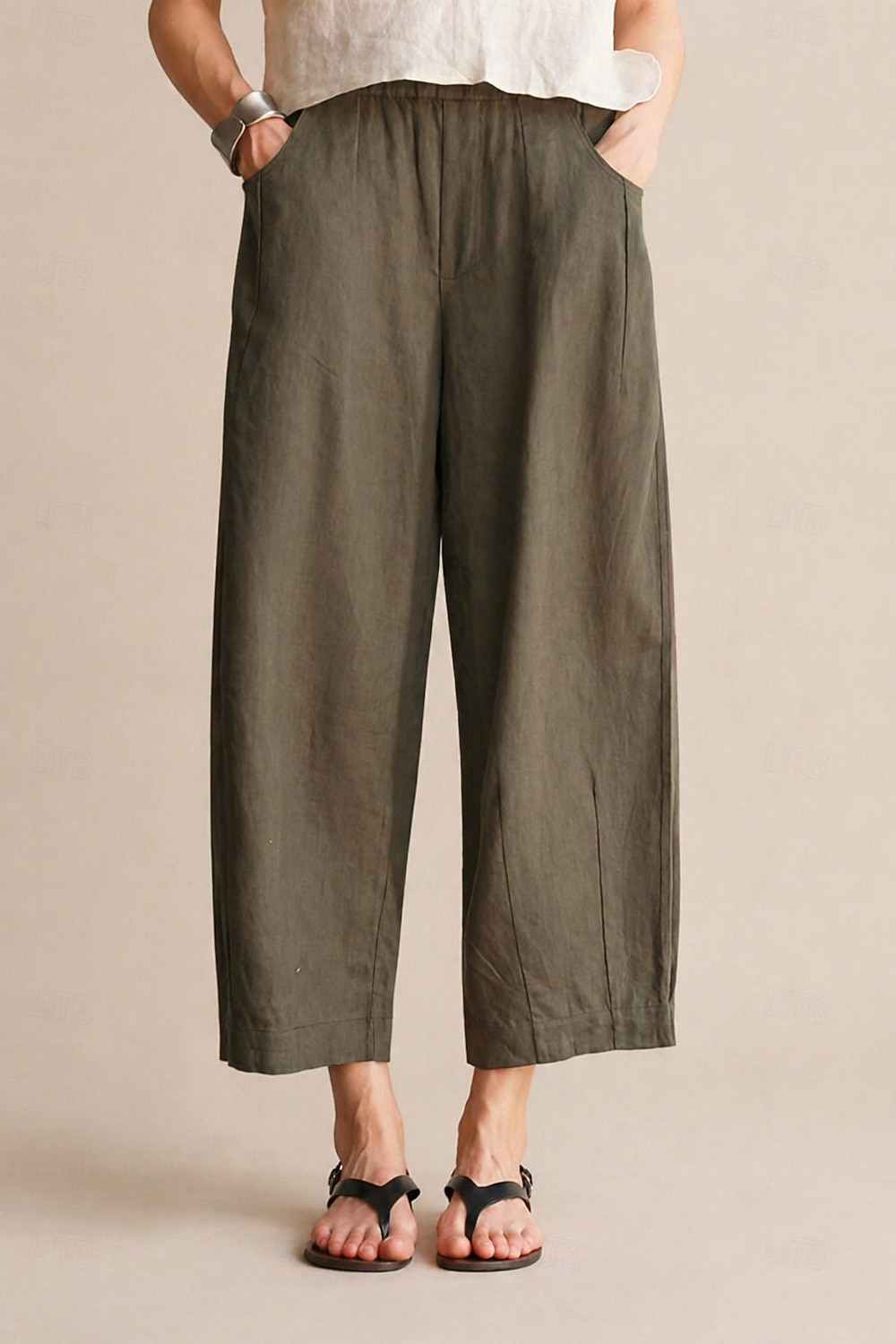 Women's 100% Linen Vacation Basic Ankle-Length Mid Waist Plain Breathable Inelastic Daily Flaxen gray-green White Spring Loose Fit 2026 - $74.99 –P1