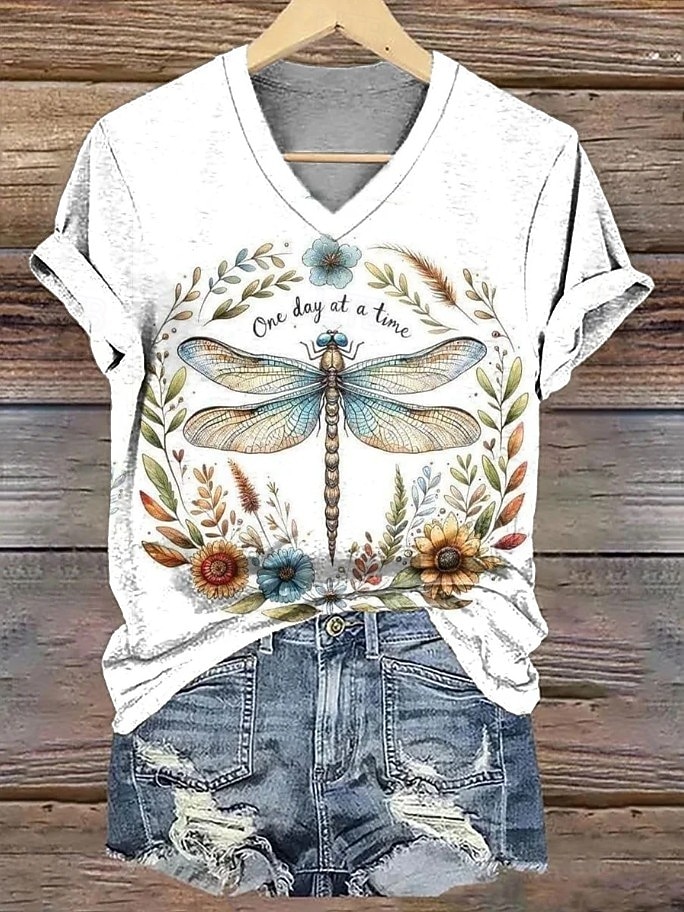 Mulheres Camiseta Imprimir Floral Gráfico Plantas Vintage à moda Clássico Manga Curta Decote V Tops longos Diário Final de semana Azul Laranja + Verde Branco Amarelo Rosa Verão Primavera de 2026 por $8.49 –P7