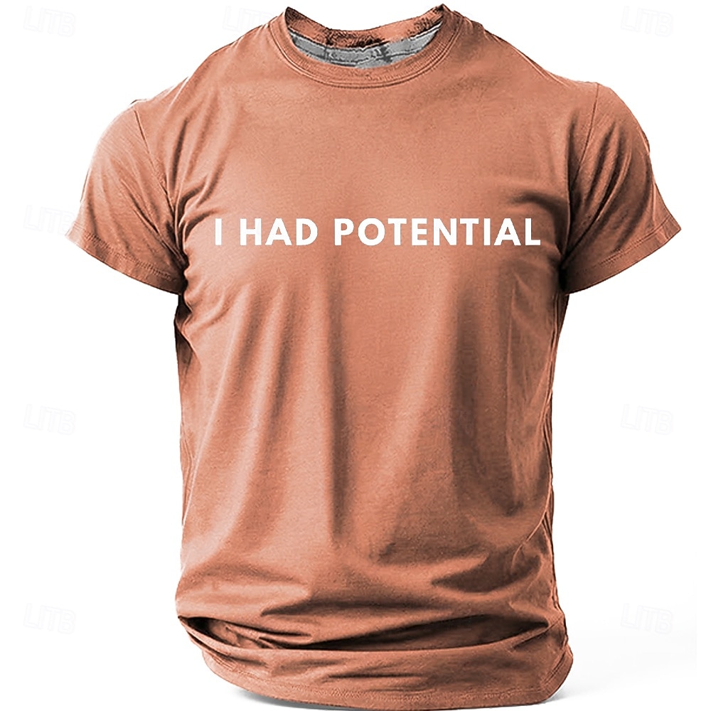 Heren T-shirt met de tekst "I had potential" (grappig, sarcastisch, minimalistisch, meme), normale pasvorm, begaafd, kind, burn-out, humor, casual, dagelijkse designerkleding, maten S, M, L, XL, XXL, 2026 - $19.99 –P5