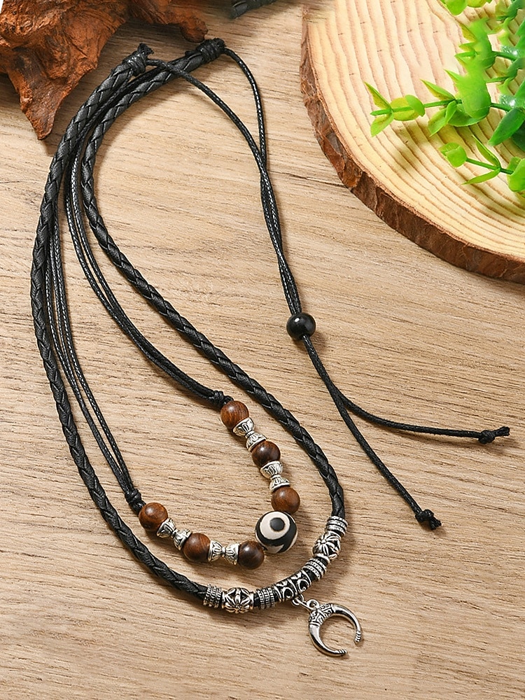 Men's Bohemian Style Double-Layer Necklace, Alloy & Leather Cord Mixed Material, Crescent Moon Pendant, Adjustable, Perfect for Beach Vacation, Daily Casual Wear 2026 - $9.99 –P4