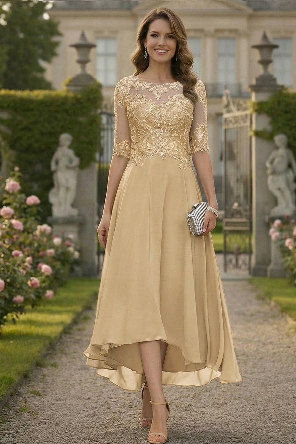 A-Linie Bodenlang Partykleid Cocktailkleid Kleid für Hochzeitsgäste Brautmutterkleid Halbarm Rundhalsausschnitt Elegant Formell Hochzeitsgast Formeller Abend Chiffon mit Einfarbig 2026 - $160.99 –P4