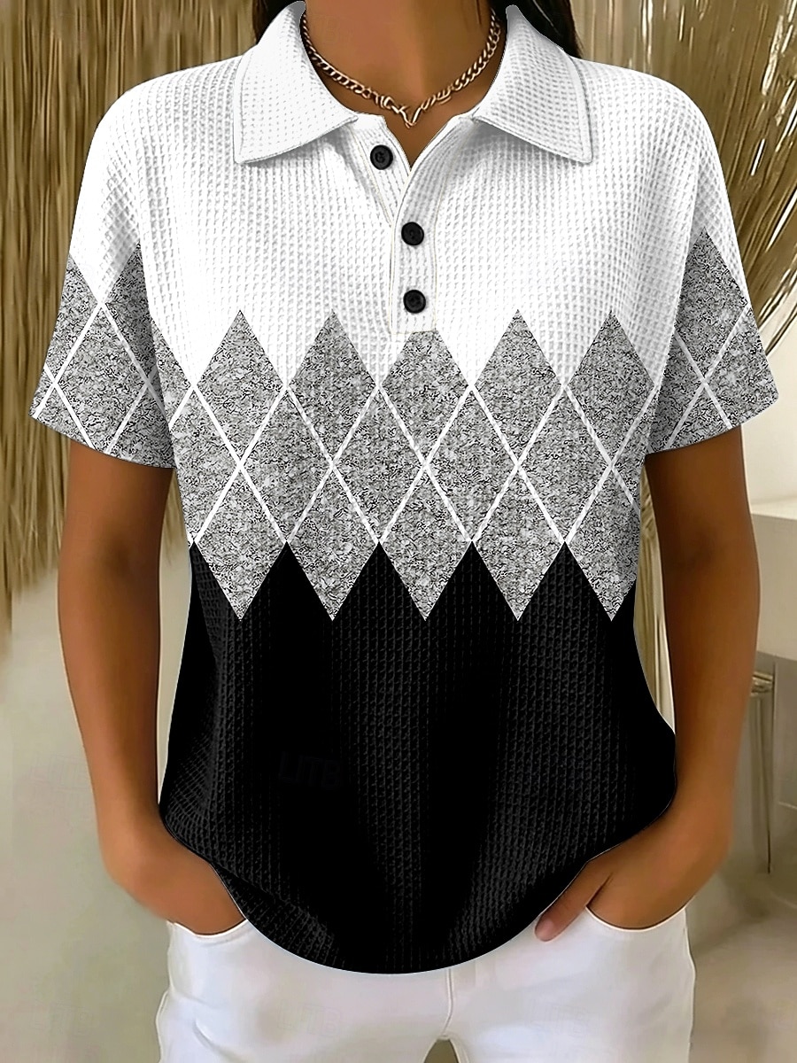 Damen Waffel-Poloshirts Grafik Geometrisch Vintage Stilvoll Klassisch Kurzarm Polokragen Normale Oberteile Lässig Täglich Weiß Gelb Purpur Sommer Frühling 2026 - $24.99 –P3