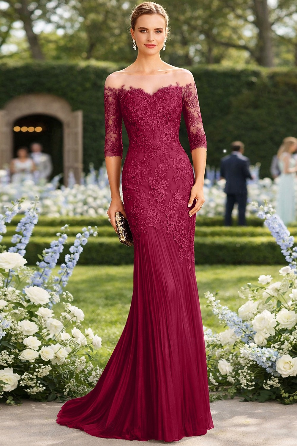 Syrena Tren sweep Suknia Suknia wieczorowa Sukienka dla matki panny młodej Rękaw 1/2 Łódeczka Elegancja Formalny Gość weselny Koronka Tiul z Haft nakładany 2026 - $208.99 –P4