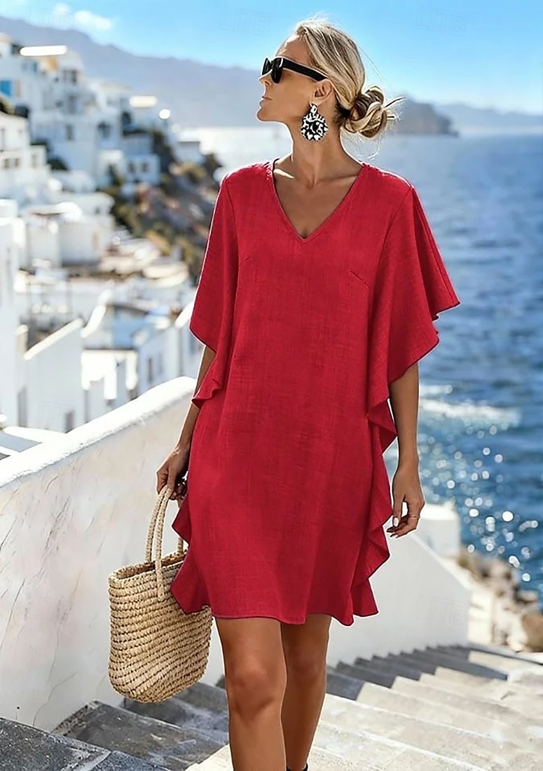 Damen Knielanges Kleid Shiftkleid Freizeitkleid Jeanskleid Mode Klassisch Täglich Outdoor Urlaub Lässiger Schnitt Einfach Kurzarm V Ausschnitt Magenta Schwarz Braun Khaki Sommer Frühling 2026 - $24.99 –P7