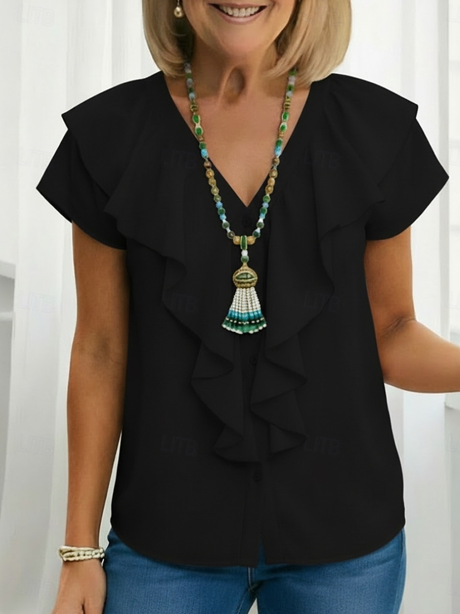 Γυναικεία Πουκάμισο Μπλούζα Με Βολάν Σκέτο Ενεργό Στυλάτο Αμάνικο Λαιμόκοψη V Κανονικά μπλουζάκια Καθημερινά ΕΞΩΤΕΡΙΚΟΥ ΧΩΡΟΥ Αργίες Μαύρο Λευκό Κρασί Σκούρο πράσινο Σκούρο μπλε Καλοκαίρι Άνοιξη 2026 - $27.99 –P2