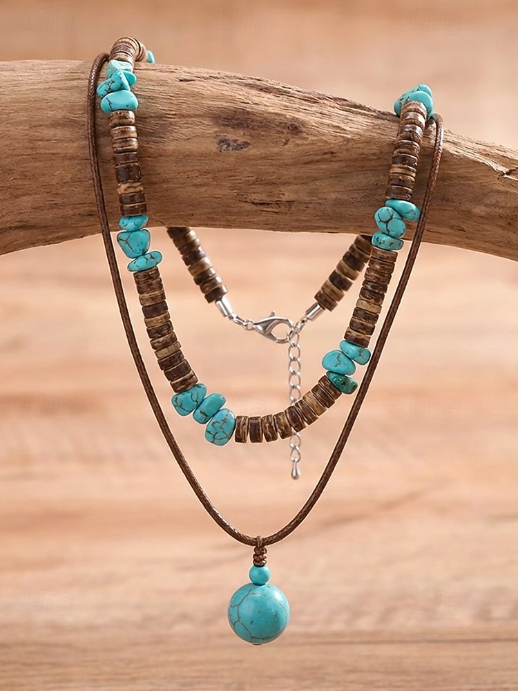 Ανδρικό κολιέ μποέμ με κέλυφος καρύδας και τυρκουάζ, μπλε και καφέ κολιέ με χάντρες σε στρώσεις για διακοπές στην παραλία, ρούχα σε θέρετρα, casual καλοκαιρινά ρούχα και καθημερινή χρήση 2026 - $4.99 –P5