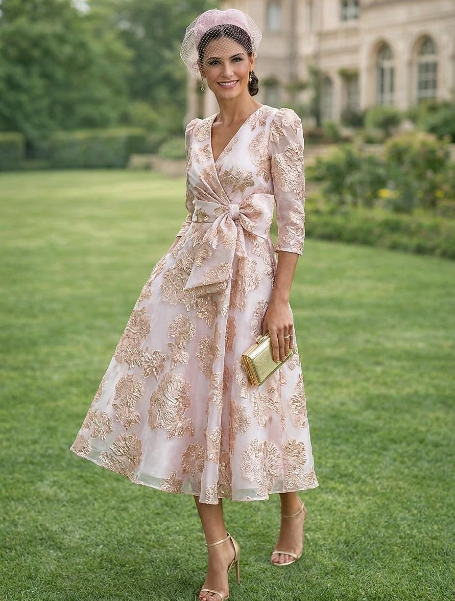 Linia -A Lungime Gleznă Lungimea ceaiului Rochie florala Rochii de cocktail Elegant Epocă Floral Manșon Lung În V Petrecere în grădină Nuntă Buzunar Satin Jaquard cu Imprimeu Floral Arc 2026 - $154.79 –P3
