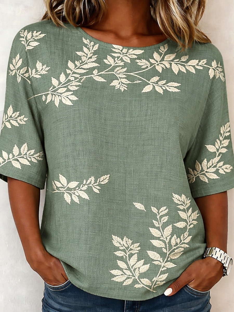Women's Blouse Print Floral Graphic Plants Bohemia Tropical Stylish 3/4 Length Sleeve Half Sleeve Crew Neck Regular Tops Daily Vacation Wear Blue White Green Summer Spring 2026 - $29.99 –P2