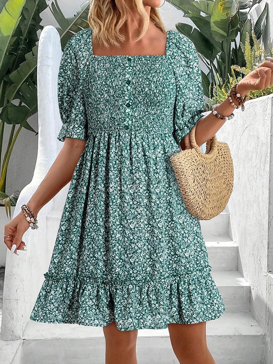 Mujer Vestido hasta la Rodilla Vestido informal Vestido de flores Vestido Estampado Elegante Moda Moderno Manga Farol Exterior Vacaciones Noche Holgado Floral Manga Corta Escote Cuadrado Azul Piscina 2026 - $45.99 –P3
