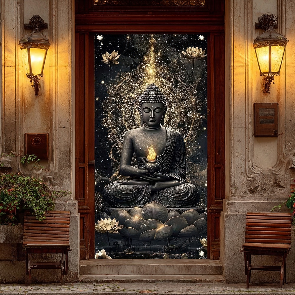 zen buddhizmus imádkozó buddha szobor aranyfüst művészet ajtóbanner meditáló buddha fej szürke kő textúra ajtótakaró jóga stúdió meditációs szoba lakberendezés 2026 - $17.99 –P6