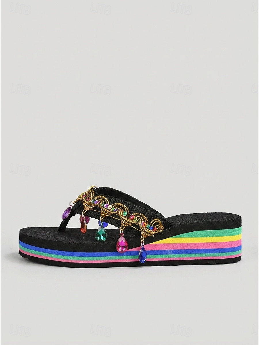 Tongs compensées arc-en-ciel pour femmes ornées de cristaux – sandales de plage bohèmes pour les vacances d'été de 2026 ? $19.99 –P2