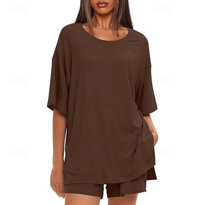 Women's Two Piece Sets Shorts Sets Short Sleeve Round Neck Plain Fashion Streetwear Casual Daily Outdoor Black Brown Summer Regular Fit 2026 - $28.99 –P7