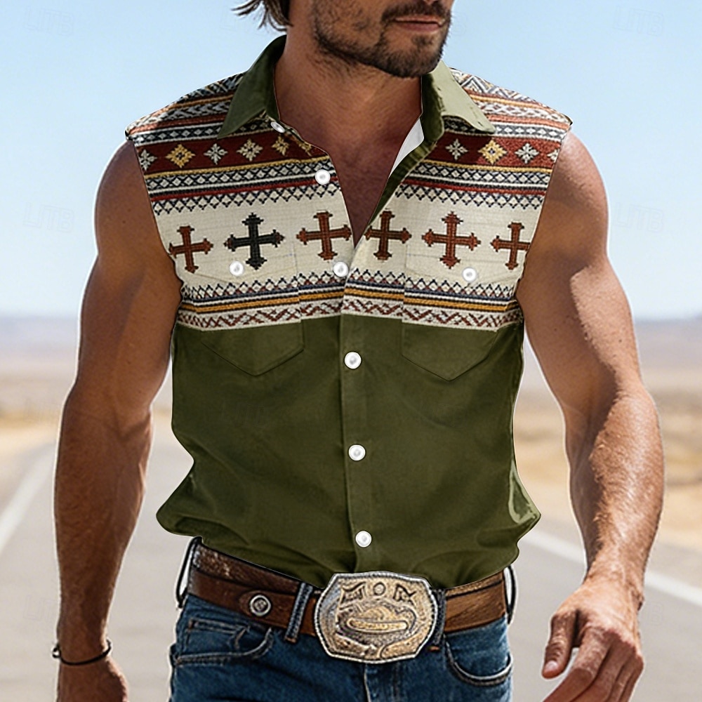 Hombre Cruz Étnico Bloqueo de color camisa occidental Camisa vaquera Camisa sin mangas Sin Mangas Vintage estilo occidental Exterior Vacaciones Verano Primavera Cuello Vuelto Impresión 3D Camisas con 2026 - $27.99 –P4