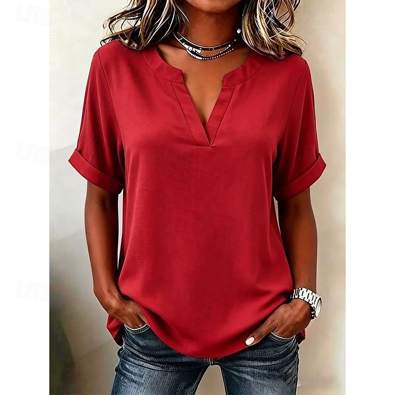 Mujer Blusa Color sólido Vintage Elegante Básico Manga Corta Escote en Pico Tops regulares Casual Diario Blanco Rosa Rojo Morado Verano Primavera 2026 - $26.99 –P7