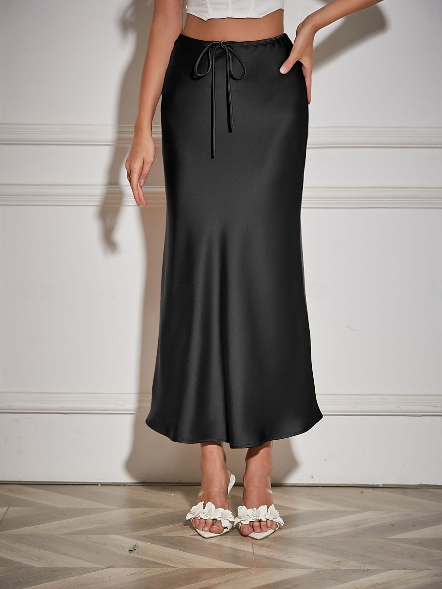 Per donna Gonne in raso Elegante Moda Maxi Vita Alta Gonne Semplice Coulisse Micro-elastico Feste Data Nero Blu marino Marrone chiaro Marrone Estate del 2026 a $40.99 –P18