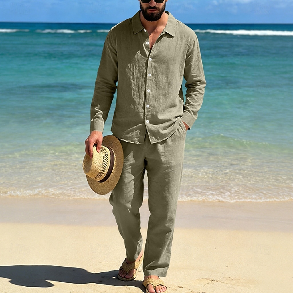 Homme Chemise en lin Deux pièces Ensemble Chemise Et Pantalons en Lin Pantalons Pantalon décontracté Set Uni Quotidien Extérieur Plage Col Rabattu manche longue Été Printemps Mode Occasionnel de 2026 ? $41.99 –P7