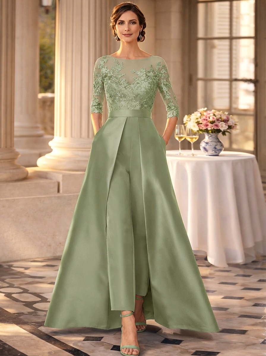 أفرول طول الأرض فستان أم العروس 3/4 الكم جوهرة أنيق حفلة ضيف حفل زفاف حفلة الزفاف ساتان مع زينة لون صلب 2026 - $197.99 –P10