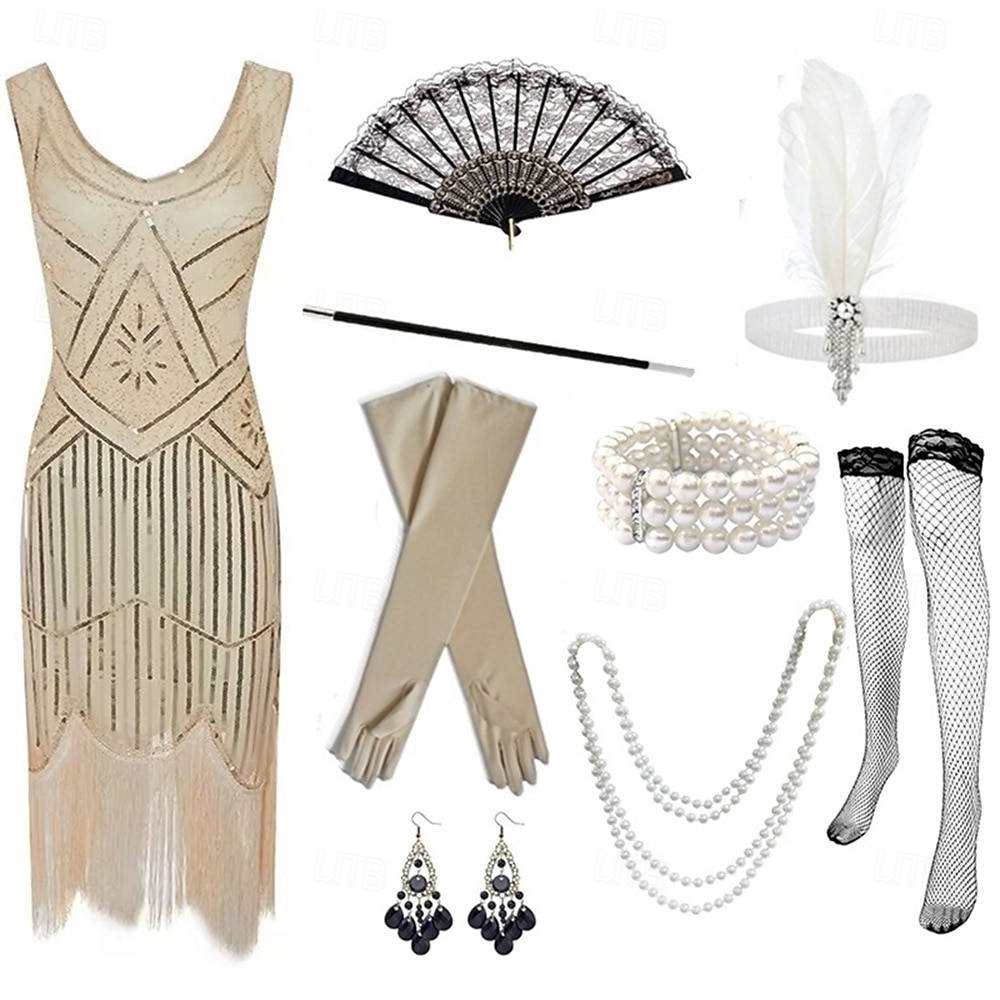 Zabytkowe Ryczące 20s 1920 roku Do kolan Sukienka w stylu lat 20-tych Rękawiczki Nakrycie głowy Bez rękawów Wielki Gatsby Czarleston Cekiny Frędzel Strój na bal maskowy Damskie Halloween Karnawał 2026 - $64.99 –P18