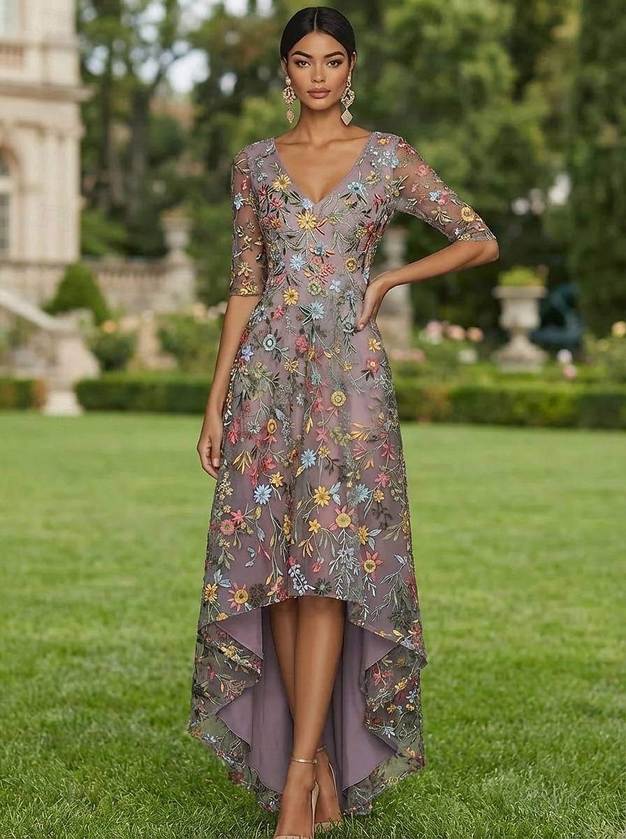 Ligne A Asymétrique Robe en Dentelle Robe de Mère de Mariée  Manche Courte Col en V Élégant ancien Formel Kentucky Derby Semi-Formel Chiffon Tulle avec Imprimé floral Fleurs 3D Noeud(s) de 2026 ? HUF 58019 –P1