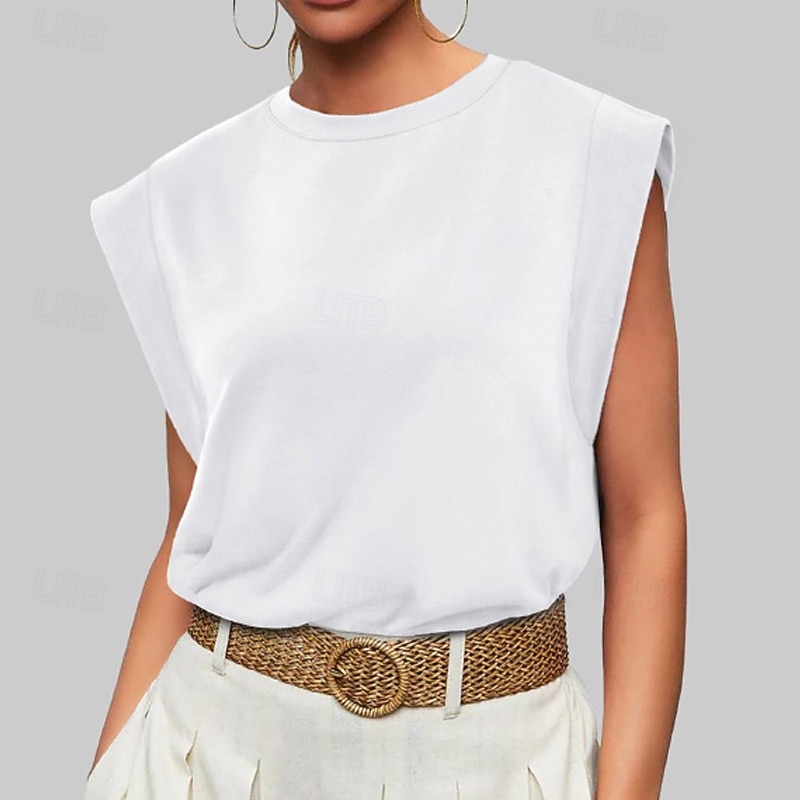 Mulheres Camiseta Côr Sólida Clássico Casual Sem Manga Gola Redonda Tops regulares Diário Para Noite Final de semana Preto Branco Vinho Verde Escuro Damasco Verão Primavera de 2026 por $22.99 –P20