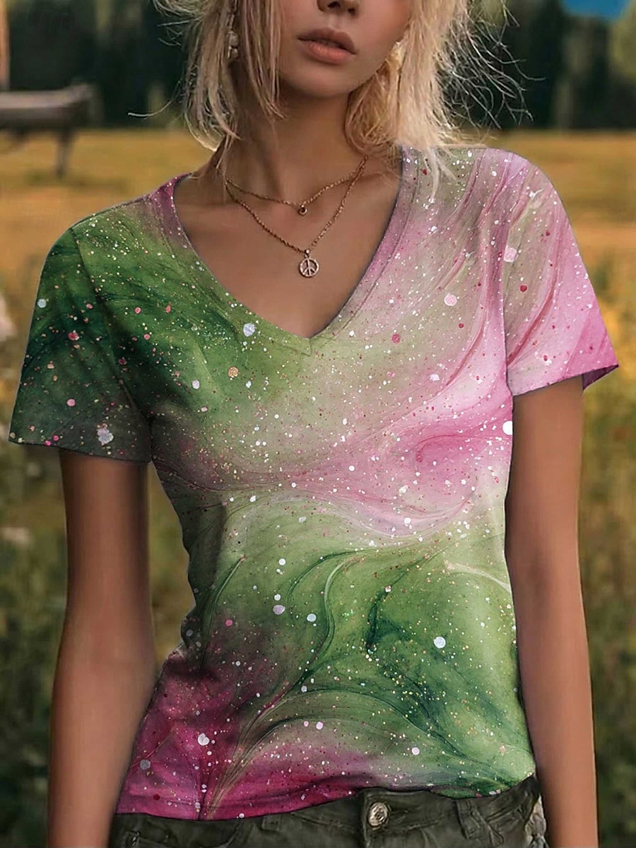 Mujer Camiseta Estampado Graphic Abstracto Vintage Elegante Clásico Manga Corta Escote en Pico Tops regulares Casual Diario Noche Rosa Verde Trébol Verano Primavera 2026 - $21.99 –P1