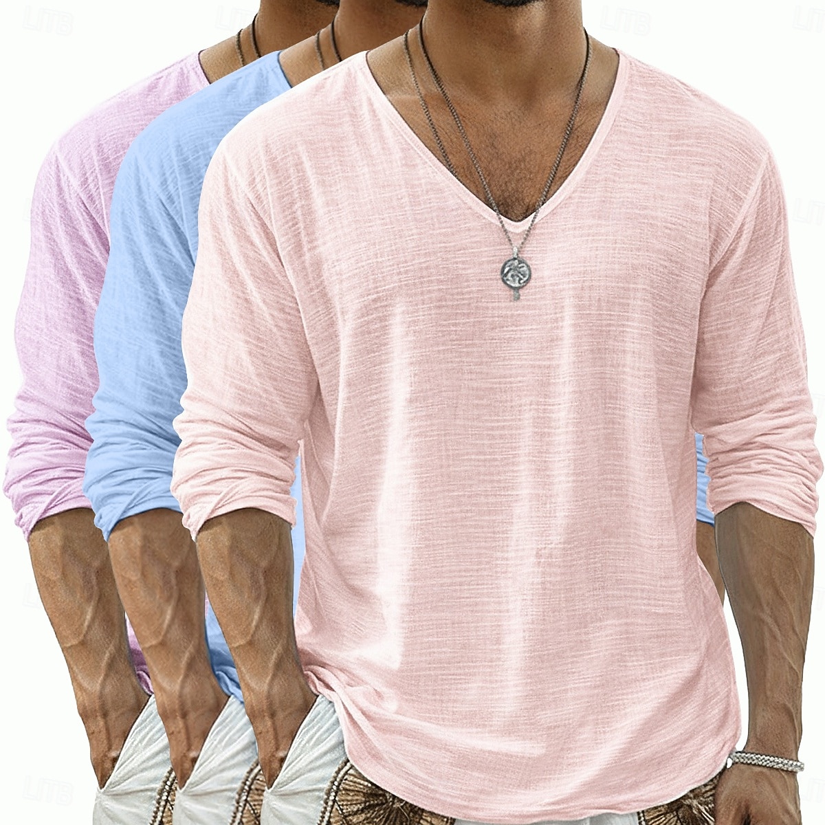 Per uomo Maglietta Maglietta in lino Manica Lunga Scollo a V Primavera & Estate Estate Primavera Tinta unica Semplice Quotidiano Casual Stile da Strada 3 pezzi Puro Confezione multipla Casuale del 2026 a $40.99 –P20