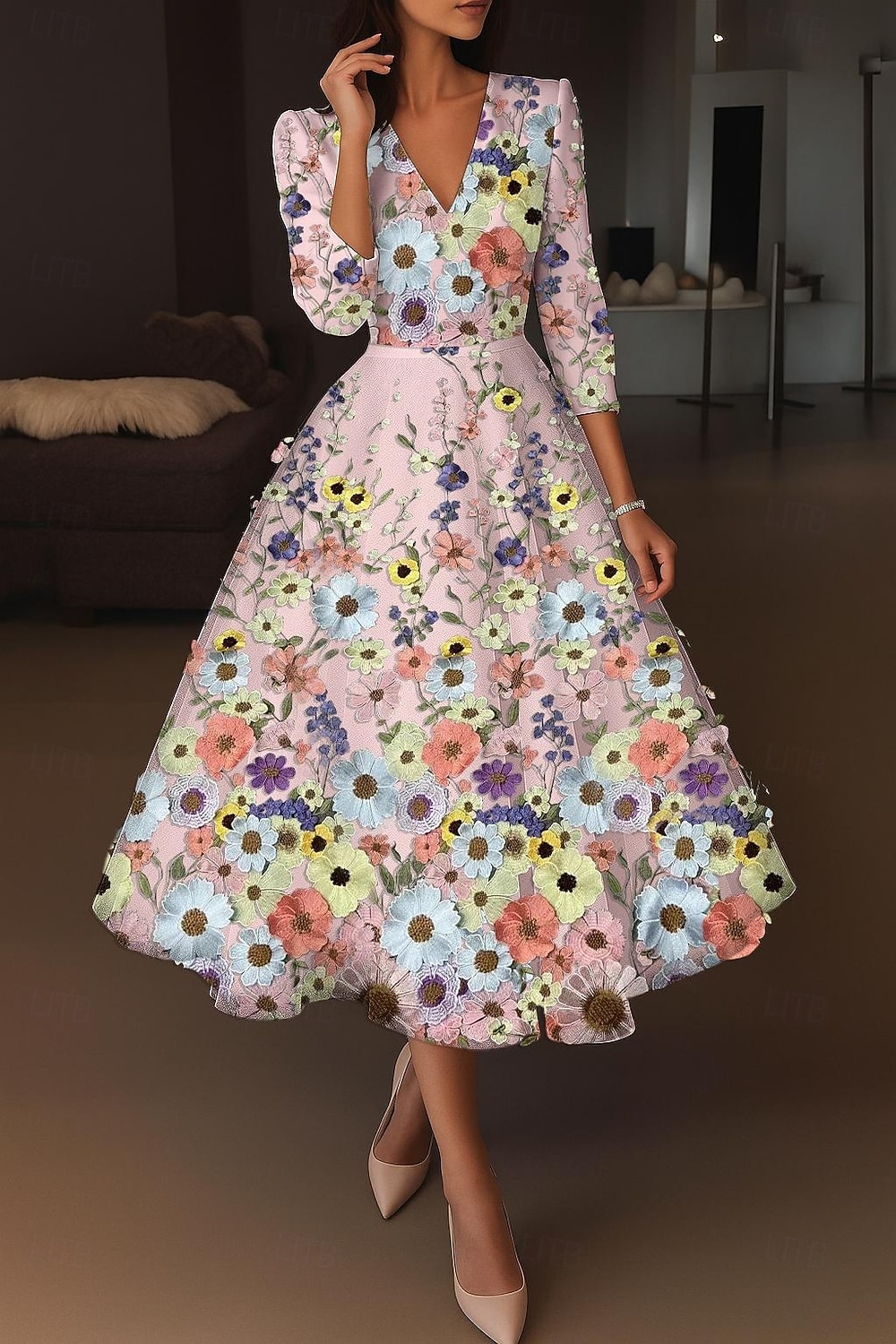 A-Linie Tee-Länge Cocktailkleider Elegant Vintage Blumen Halbarm V Ausschnitt Hochzeit Formell Rosa Kleid Satin Spitze mit Stickerei Tasche 2026 - $195.99 –P16