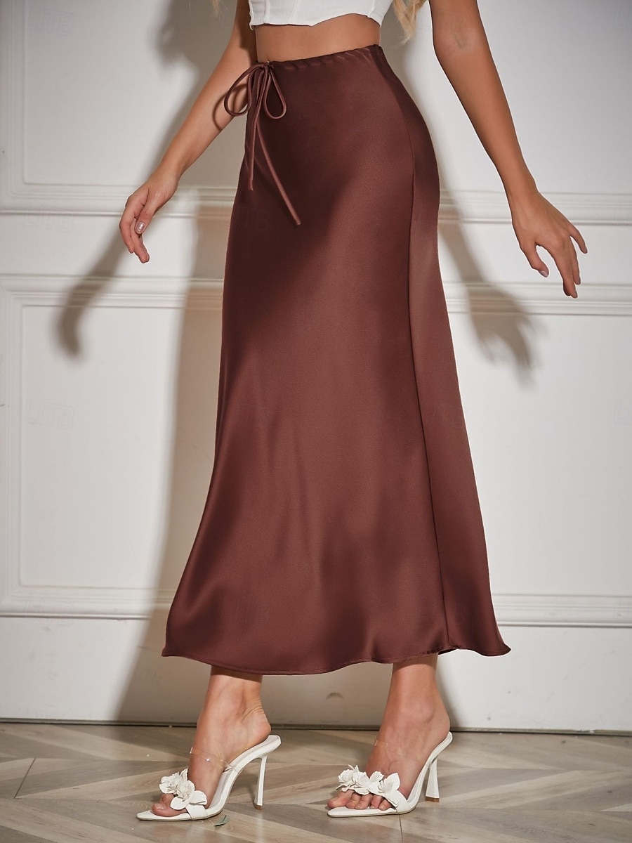 Per donna Gonne in raso Elegante Moda Maxi Vita Alta Gonne Semplice Coulisse Micro-elastico Feste Data Nero Blu marino Marrone chiaro Marrone Estate del 2026 a $40.99 –P8