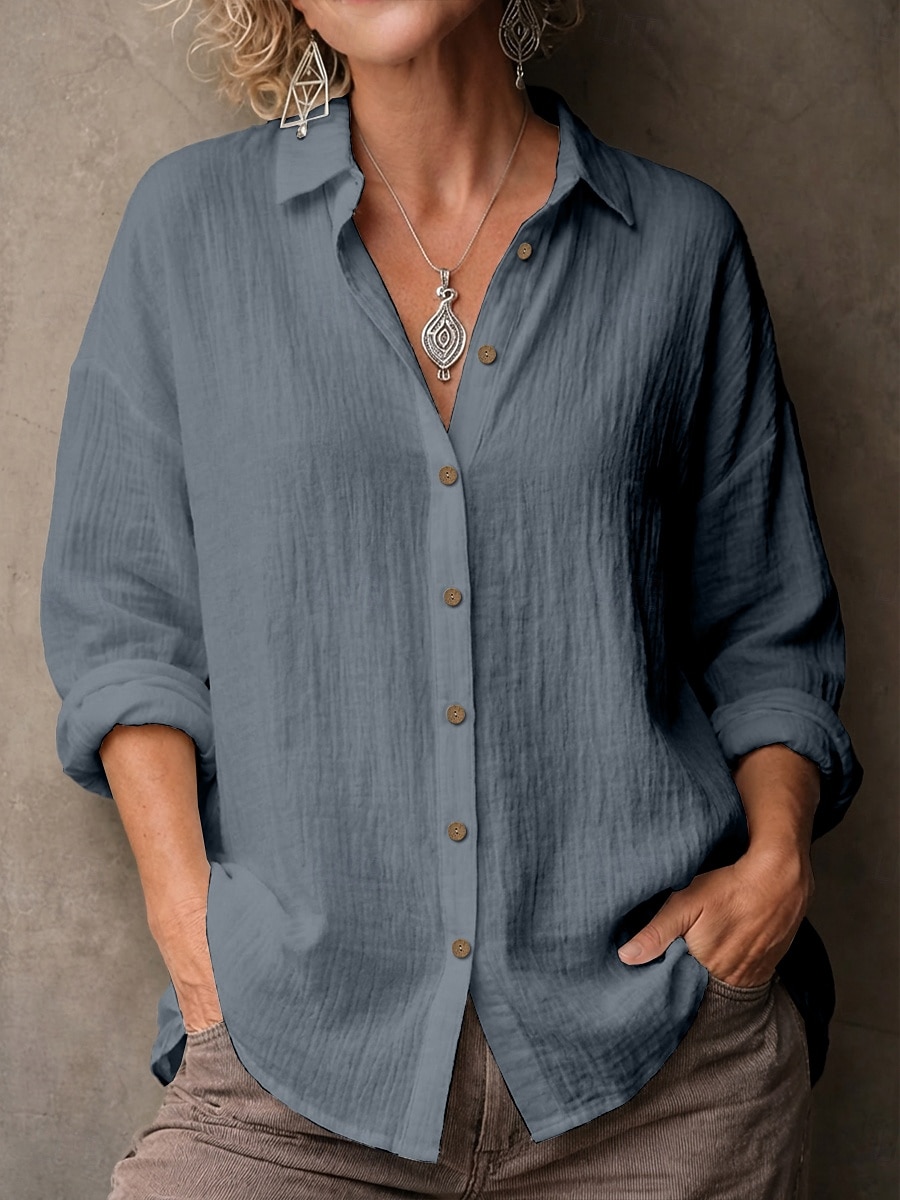 2026年 女性用 シャツ ブラウス フェイクリネンシャツ 純色 ベーシック カジュアル 長袖 ラペル レギュラートップス カジュアル 日常 ブルー ブラック ホワイト イエロー ピンク 夏 春  コレクション – ₪71 –P12