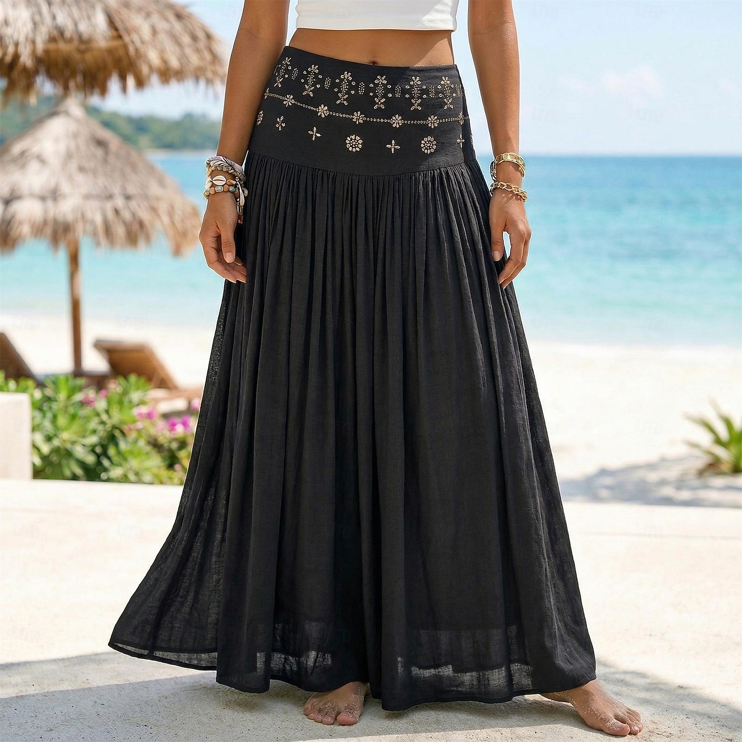 Per donna Gonna da vacanza Bohemien Vintage Moda Etnico Maxi Vita Alta Gonne Semplice Arricciato Patchwork Foratura a caldo Micro-elastico Spiaggia Vacanza Blu Verde mela Marrone rossastro Giallo del 2026 a $31.99 –P11