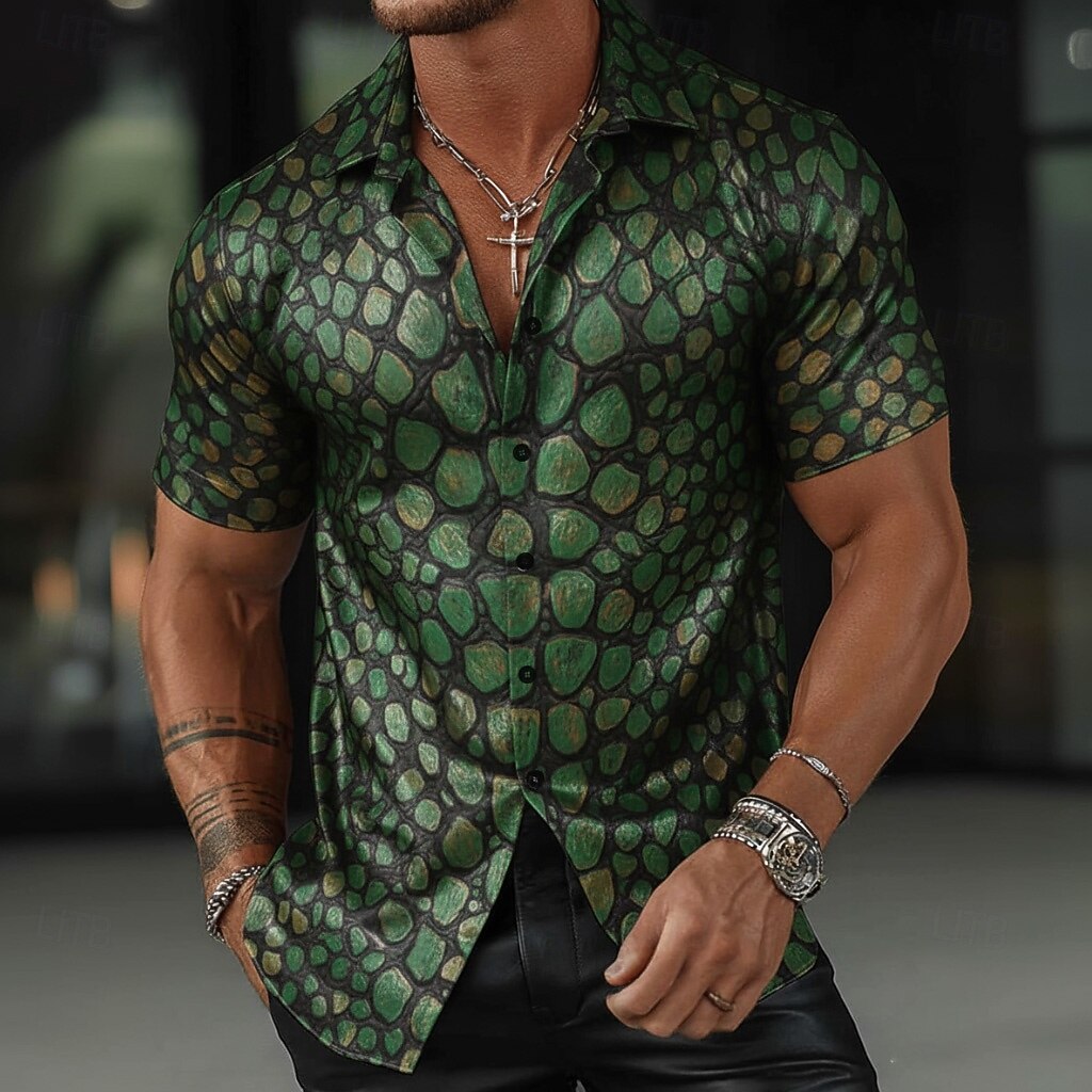 Men's Alligator Scale Print Crocodile grain Shirt Summer Shirt Button Up Shirt Short Sleeve Vintage Retro Outdoor Streetwear Vacation Summer Spring Turndown 3D Print Collared Shirts Purple Green 2026 - $25.99 –P1