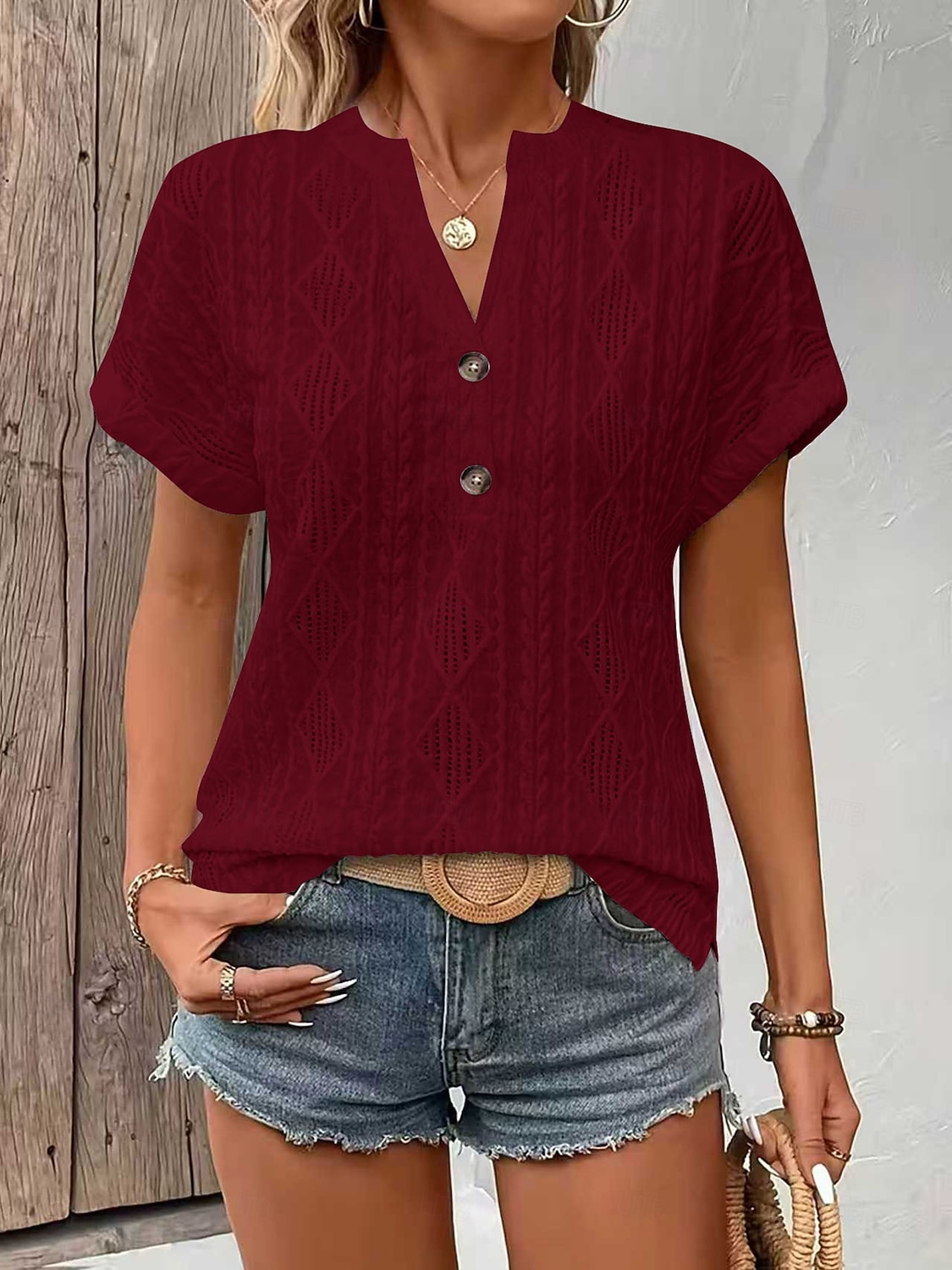 Per donna Blusa Testurizzato Tinta unica Vintage Elegante Essenziale Manica Corta Scollo a V Top Regolari Quotidiano Blu Nero Bianco Rosa Rosso Estate Primavera del 2026 a $28.99 –P9