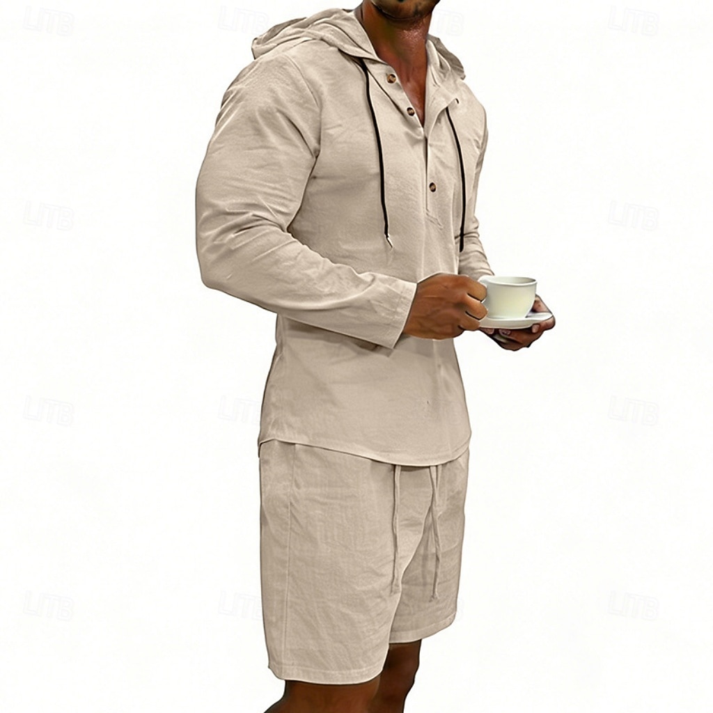 Herre Linskjorte 2 deler Popover skjorte Og Shorts Lin Shorts Strandshorts Sett عادي Daglig utendørs Feriereise Med hette Langermet Sommer Mote Fritid Bekvem Klær 2026 - $36.99 –P17